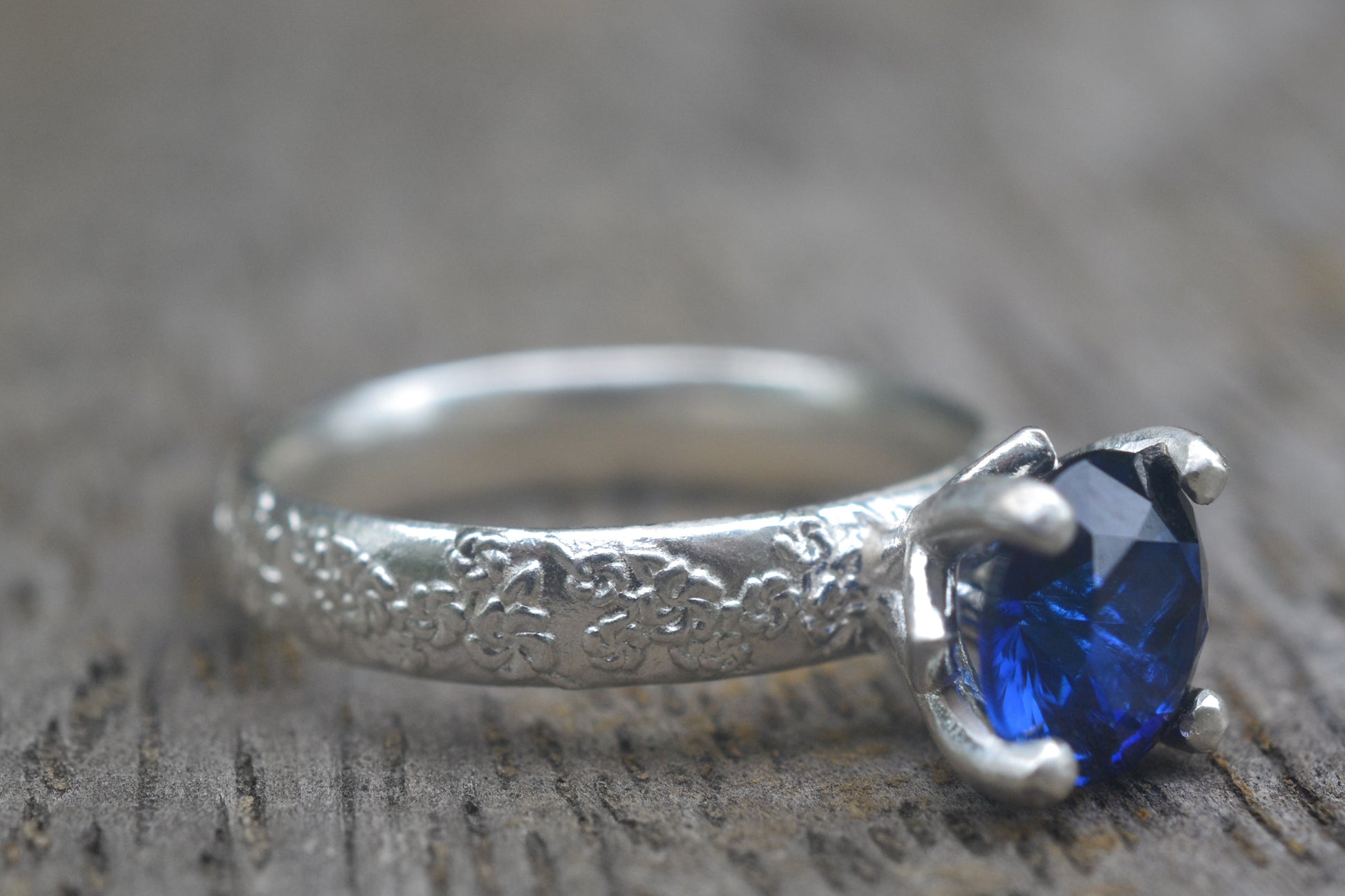 Large Blue Sapphire Engagement Ring in Floral Silver