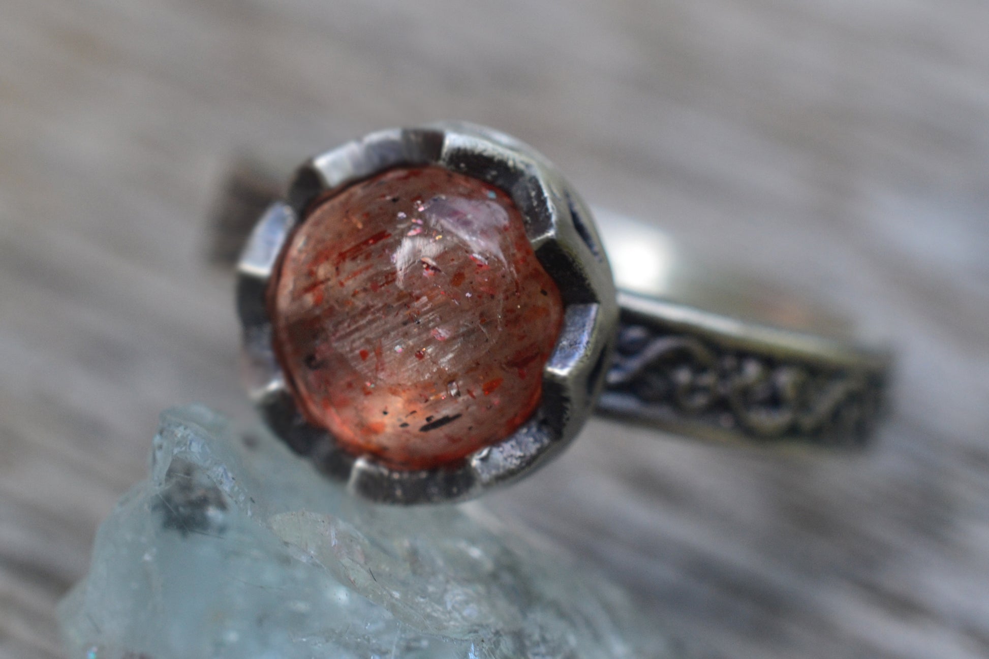 Natural Sunstone Statement Ring in Oxidised Silver