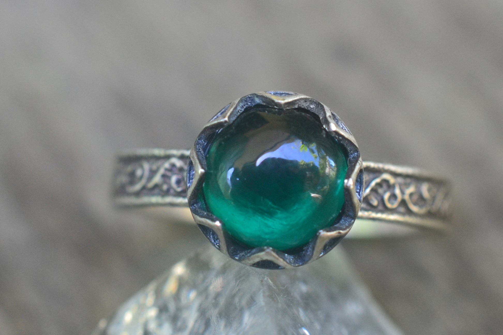 Floral Emerald Engagement Ring in Gothic Silver