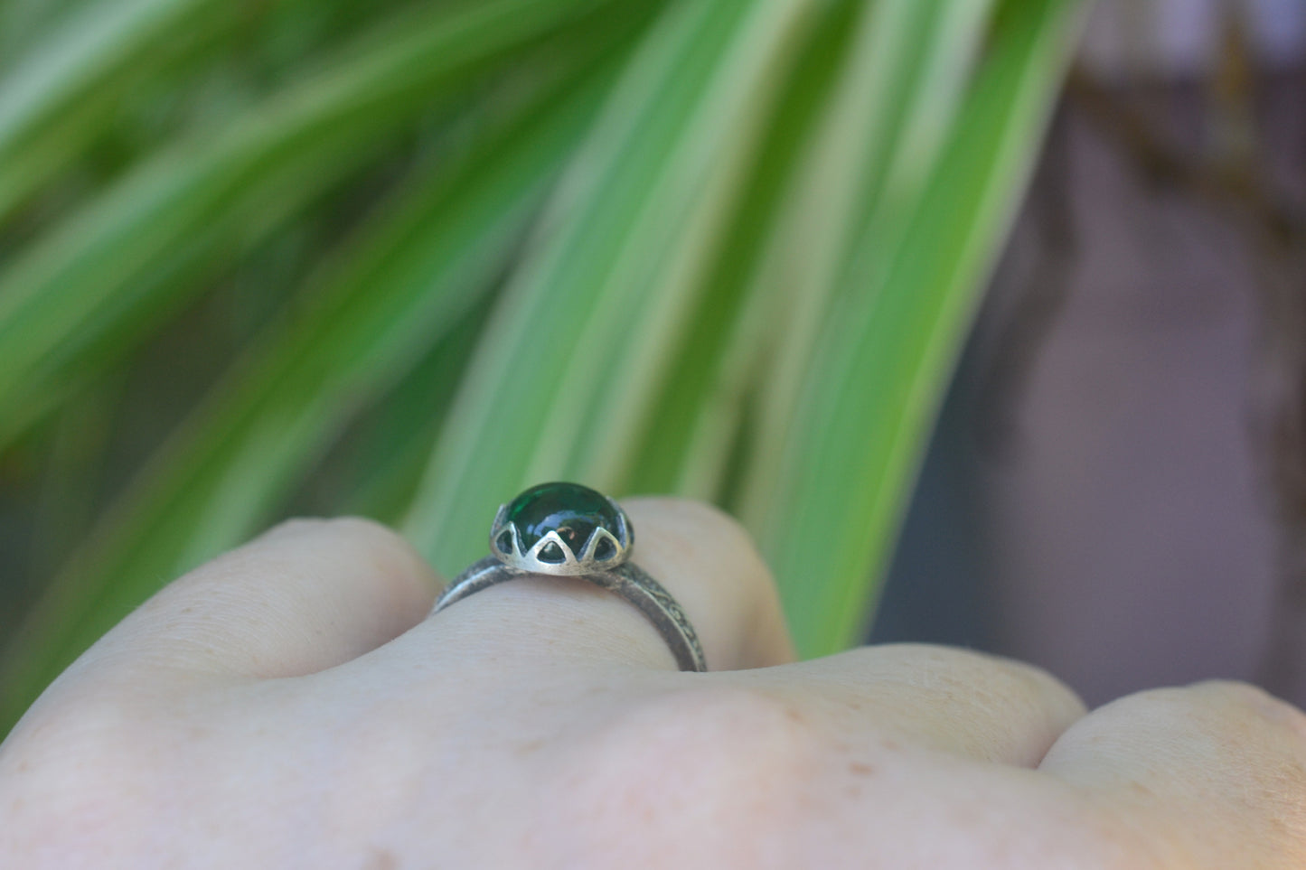 Emerald Petal Ring in Oxidised Sterling Silver