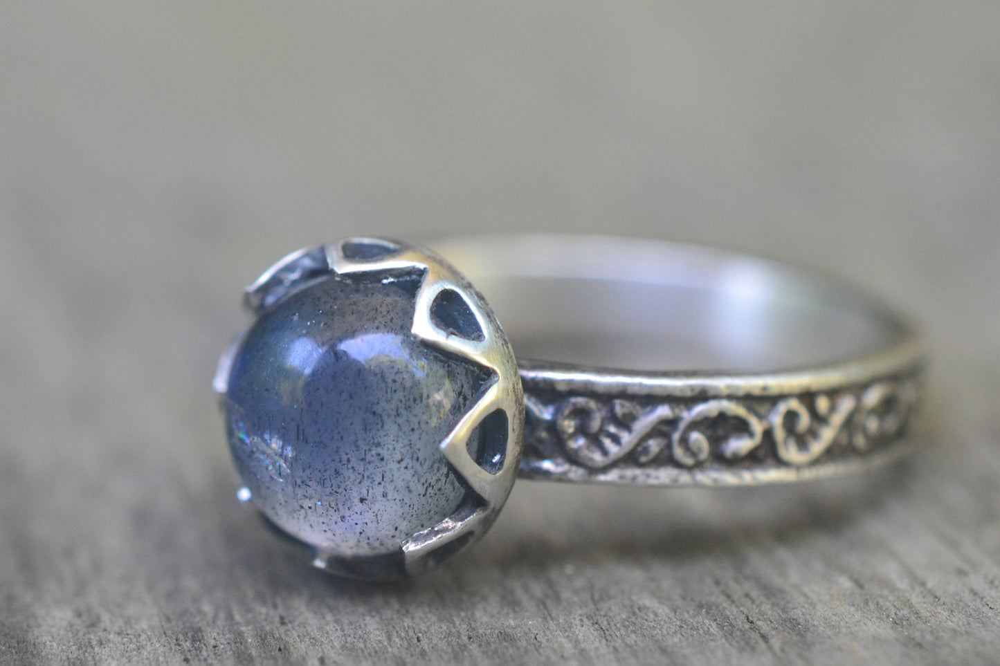 Natural Labradorite Bezel Ring in Oxidised Silver