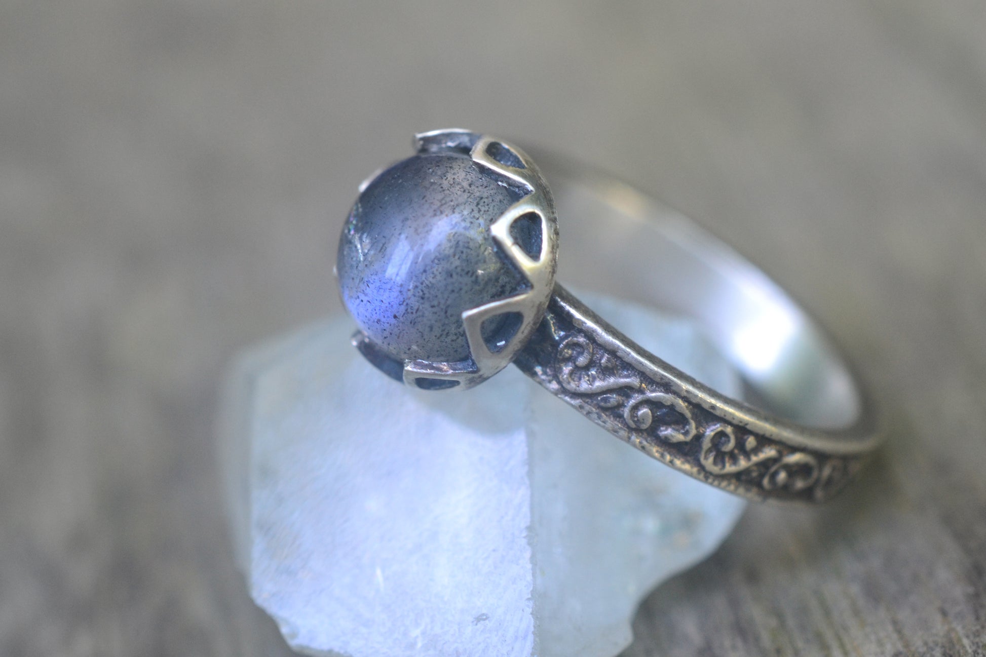 Bezel Set Labradorite Engagement Ring in Silver