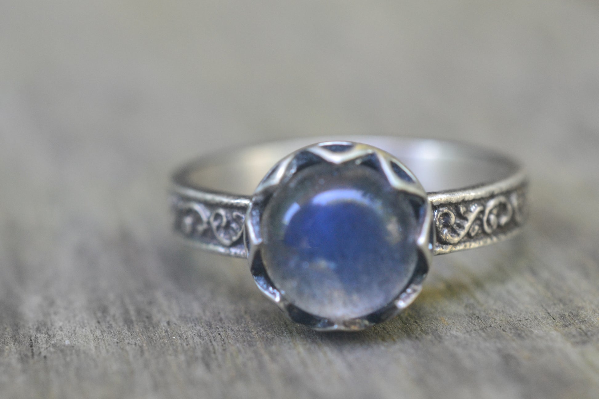 Womens Oxidised Silver Labradorite Engagement Ring