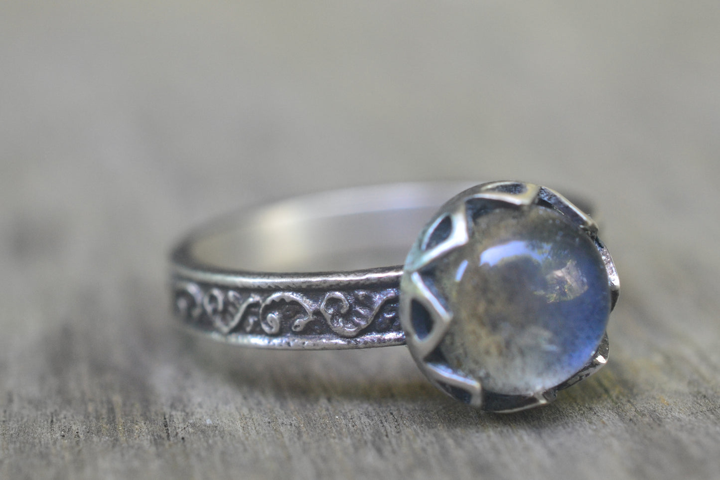 Natural Labradorite Cabochon Ring in Oxidised Silver