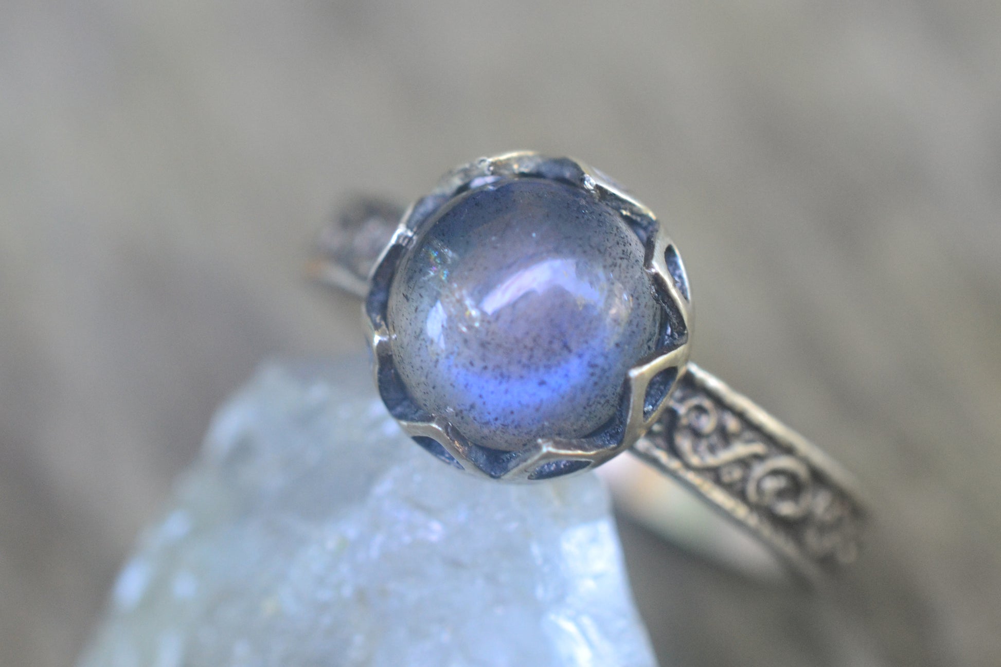 Gothic Oxidised Silver Labradorite Engagement Ring