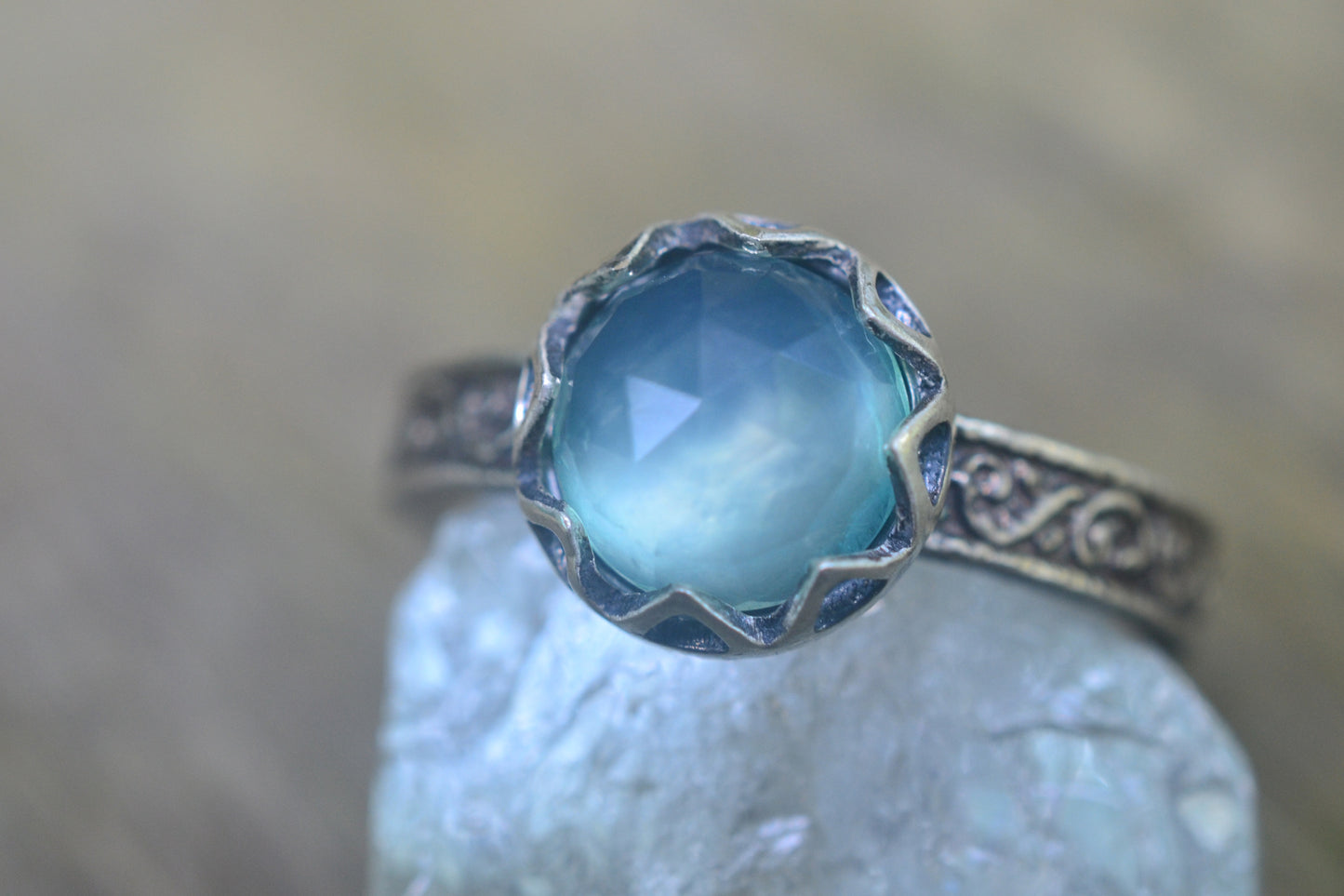 Renaissance Bezel Set Blue Opal Engagement Ring
