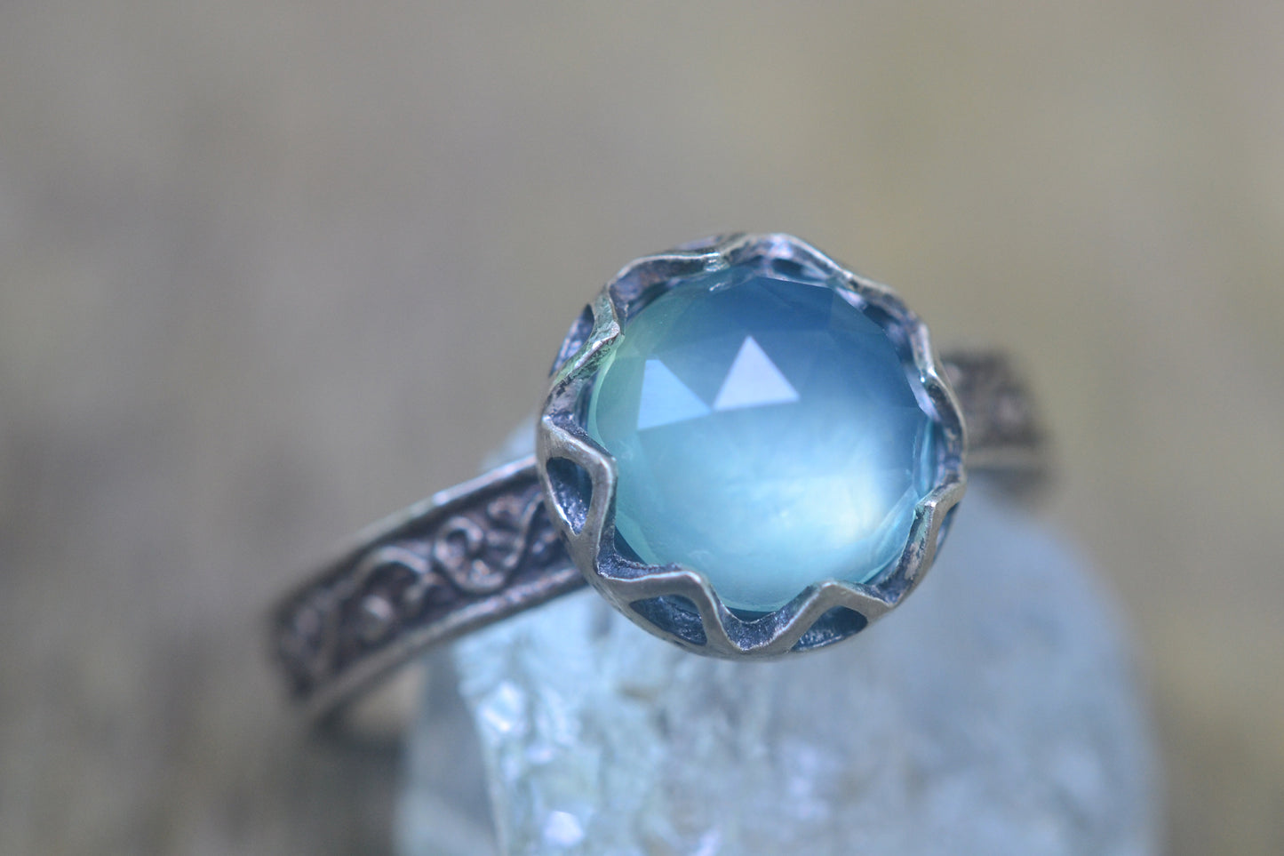 Oxidised Floral Silver Blue Opal Engagement Ring
