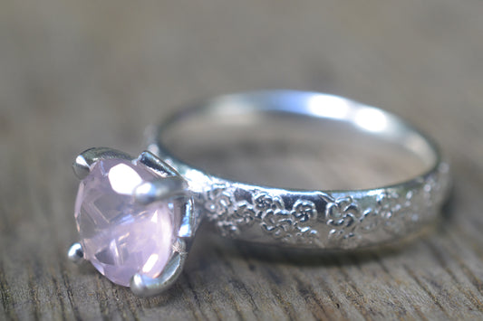 8mm Rose Quartz Engagement Ring in Floral Silver