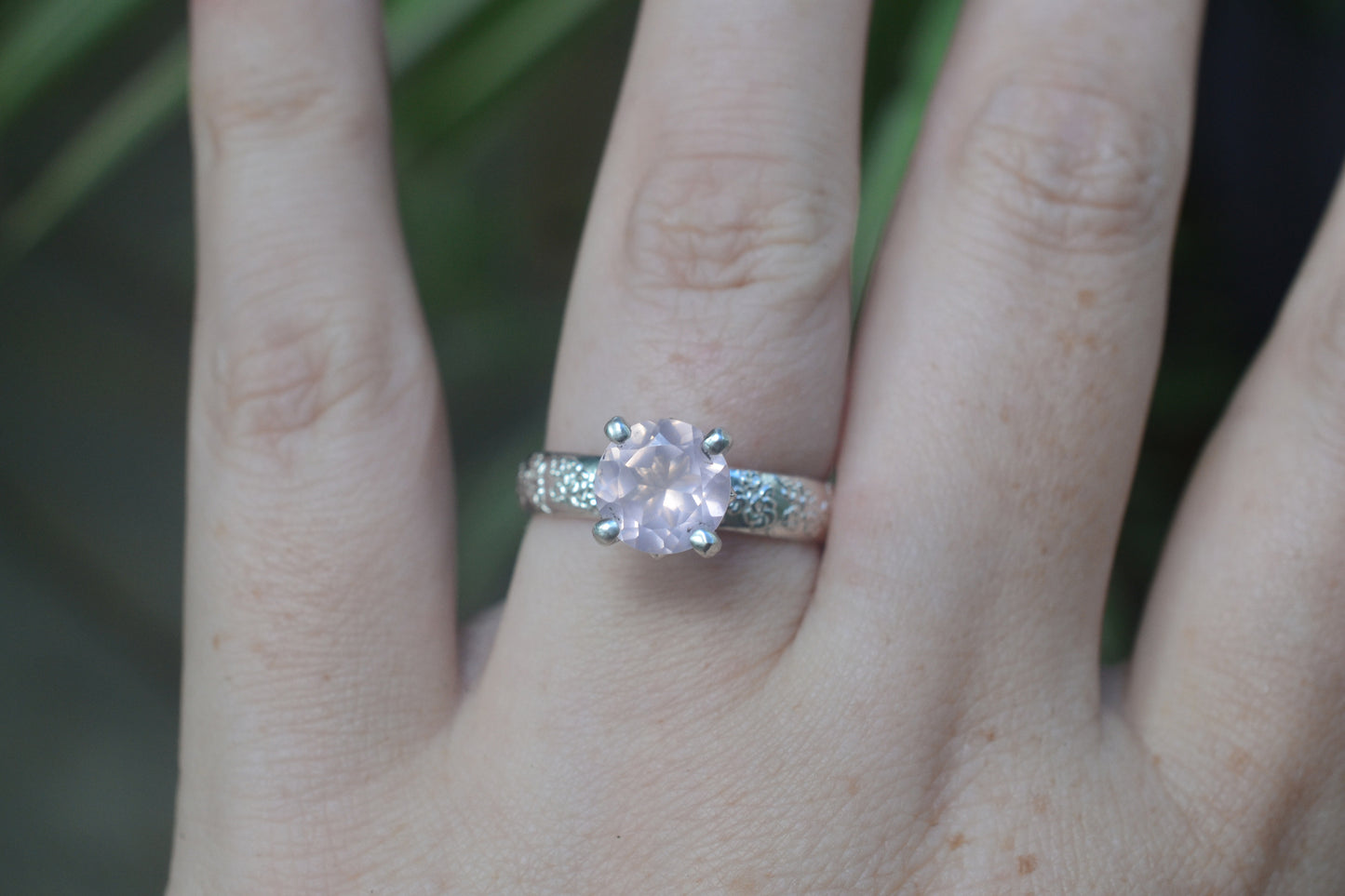 Natural Rose Quartz Engagement Ring in Silver
