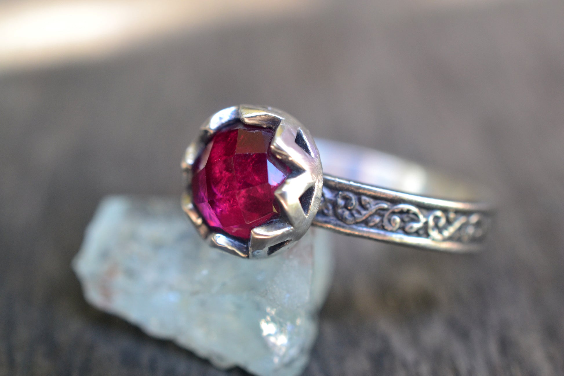 Gothic Ruby Engagement Ring in Oxidised Sterling