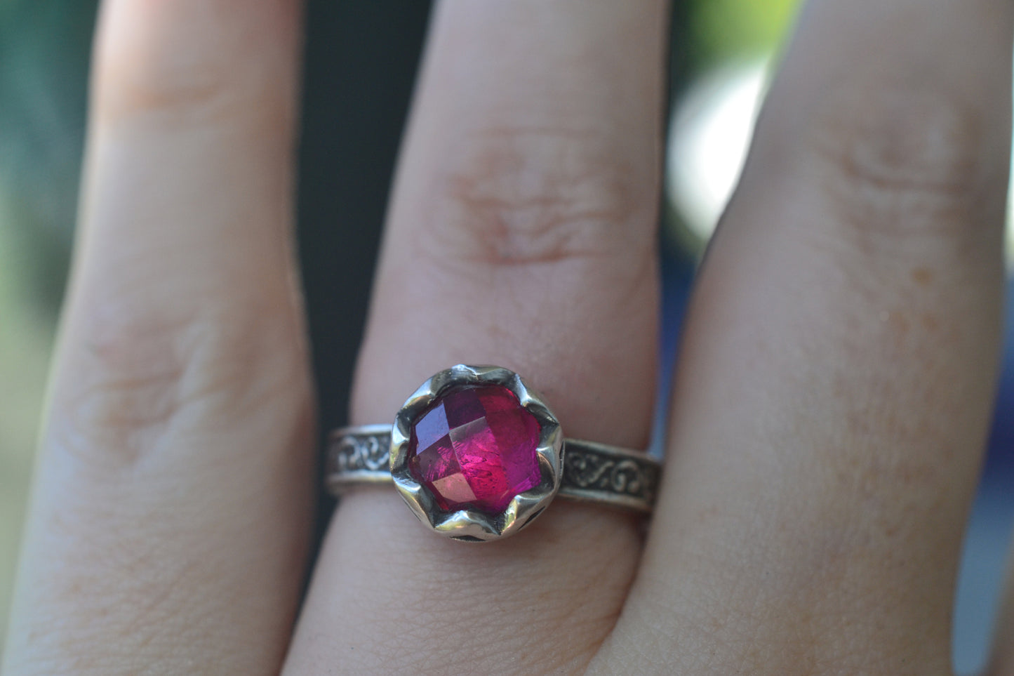 Checkerboard Cut Ruby Ring in Oxidised Silver