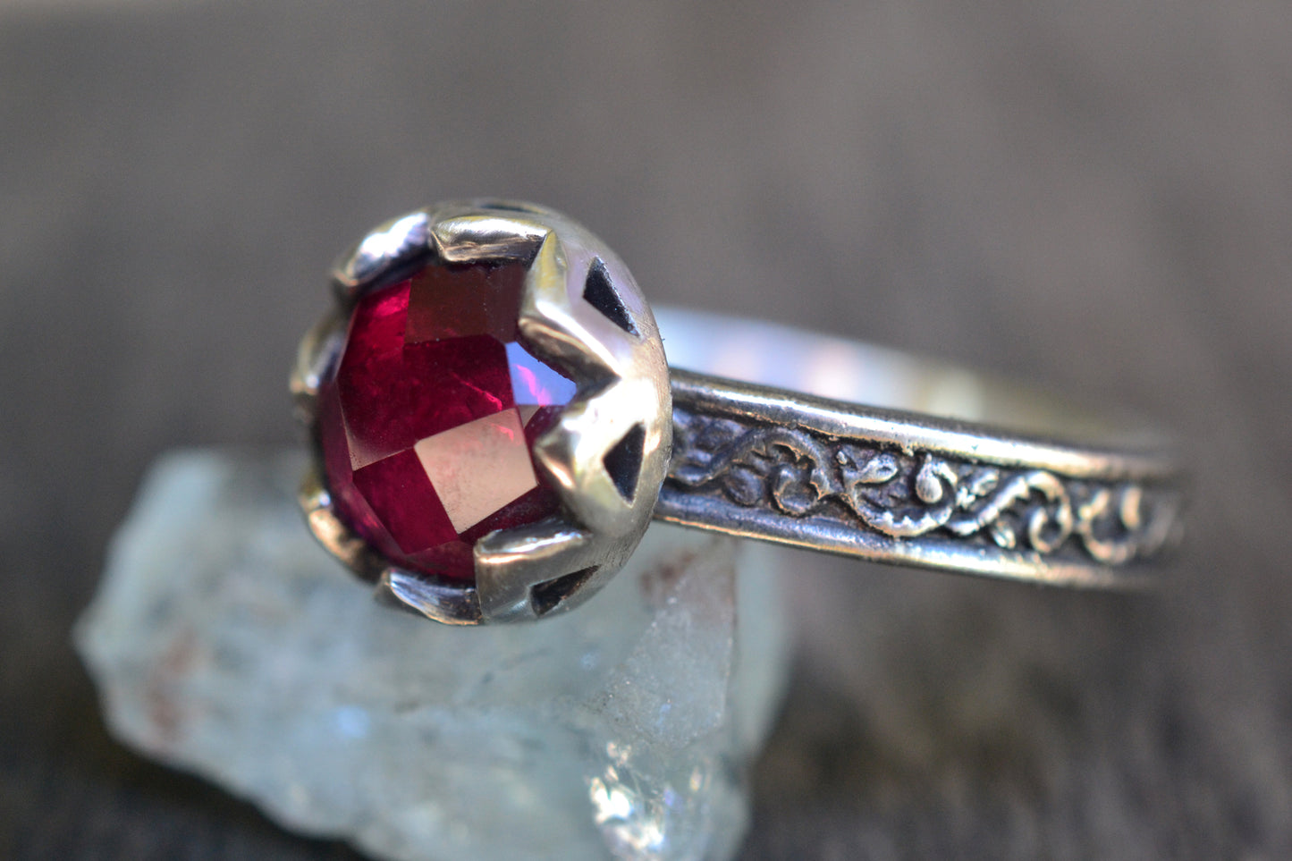Lab Created Ruby Cabochon Ring in 925 Silver