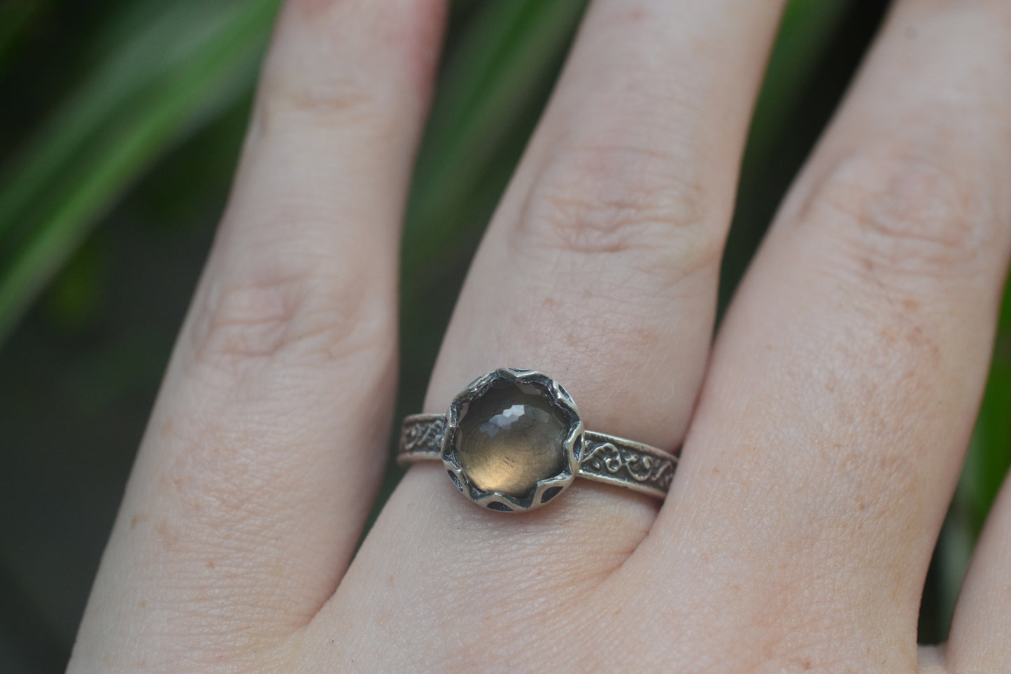 Natural Smoky Quartz Crystal Ring in Oxidised Silver