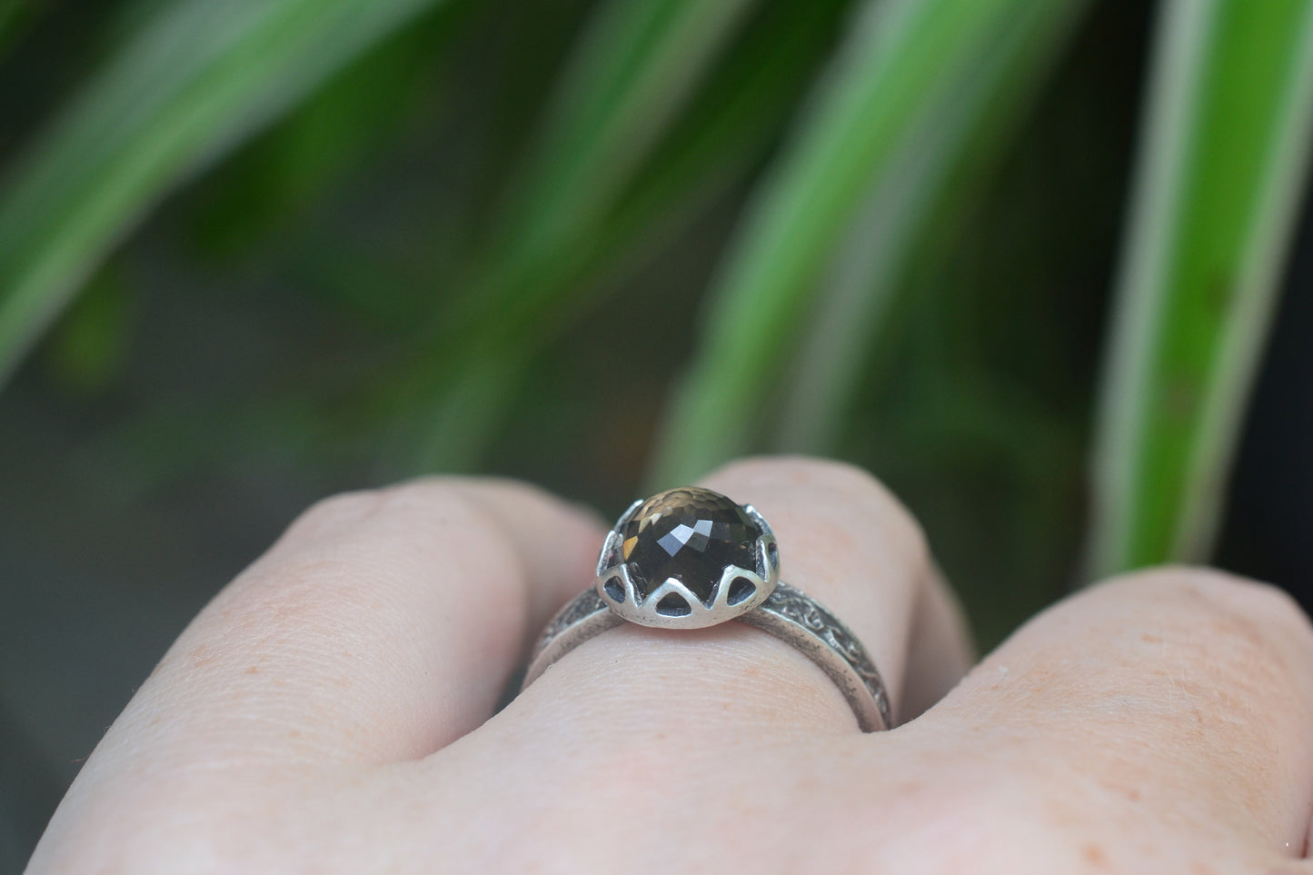 Bezel Set Smoky Quartz Cabochon Ring in Silver