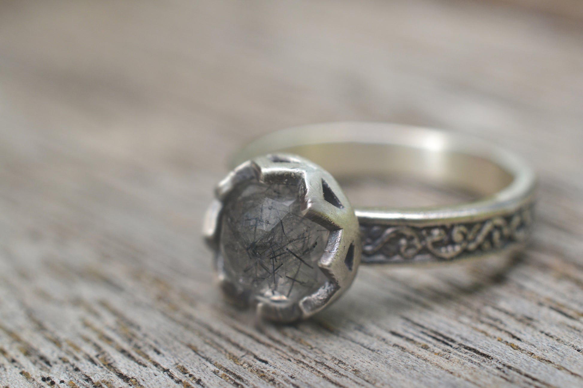 Gothic Tourmalated Quartz Ring in Oxidised Silver