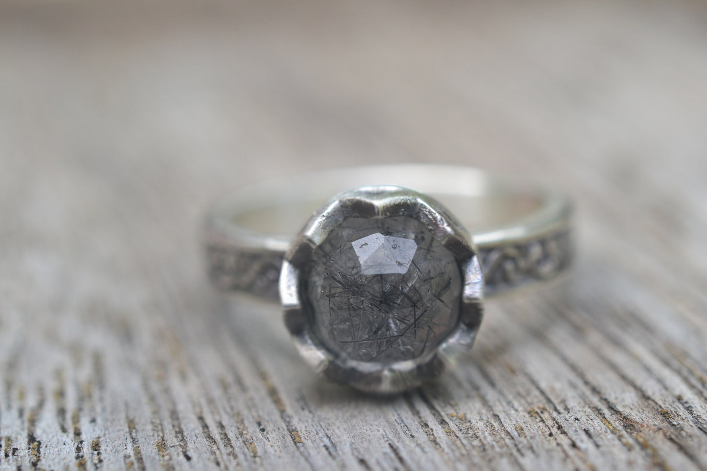 Black Rutile Quartz Ring in Gothic Oxidised Silver