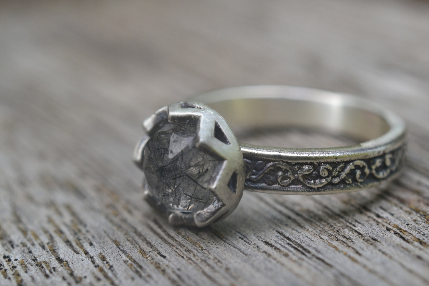 Rose Cut Black Rutile Quartz Ring in Silver