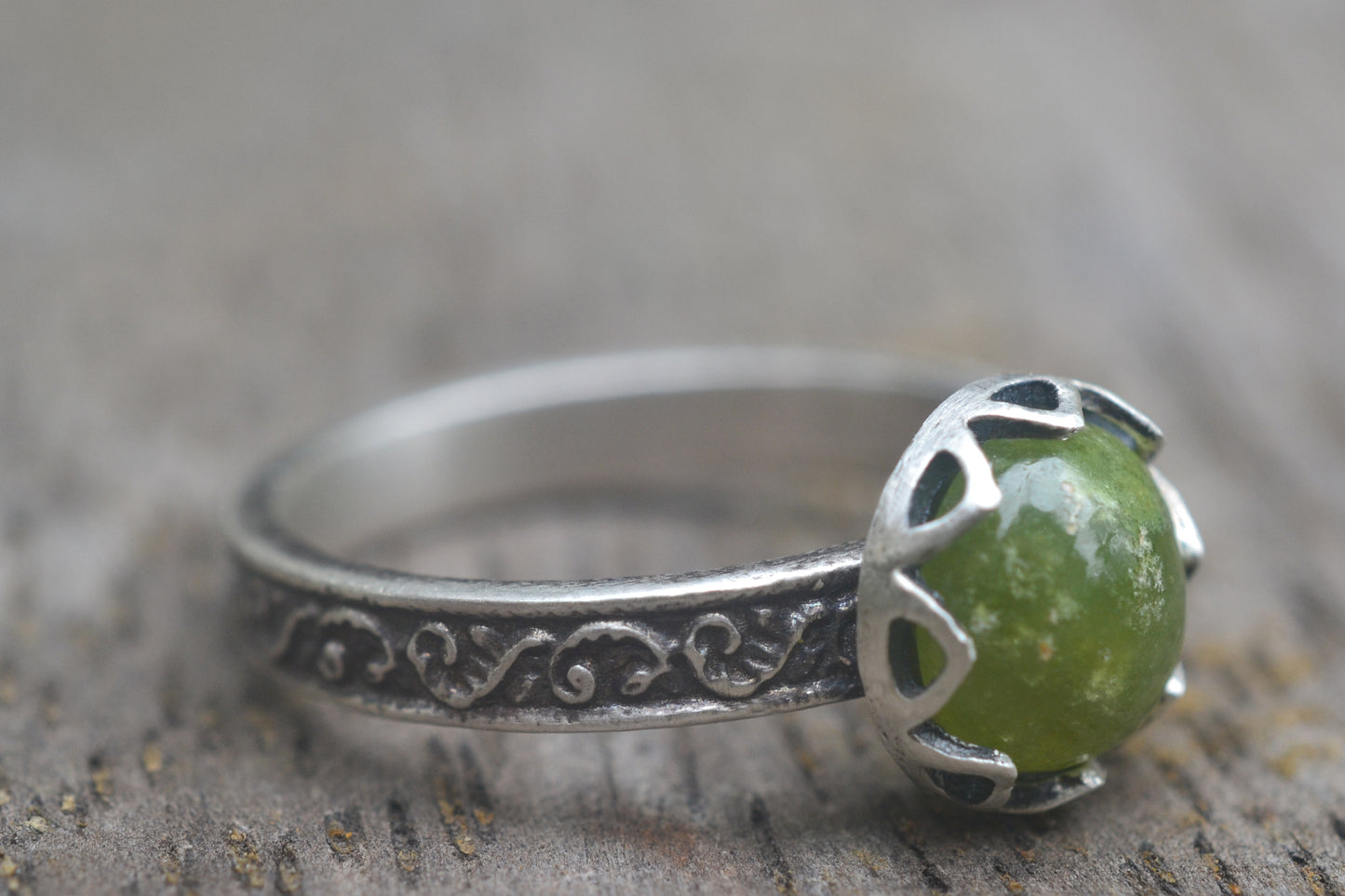 Green Idocrase Crystal Ring in Oxidised Silver