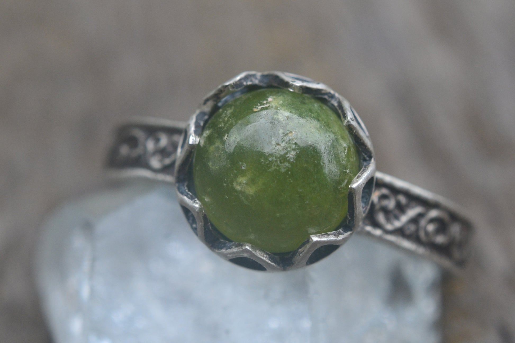 Natural Green Stone Ring in Oxidised Sterling