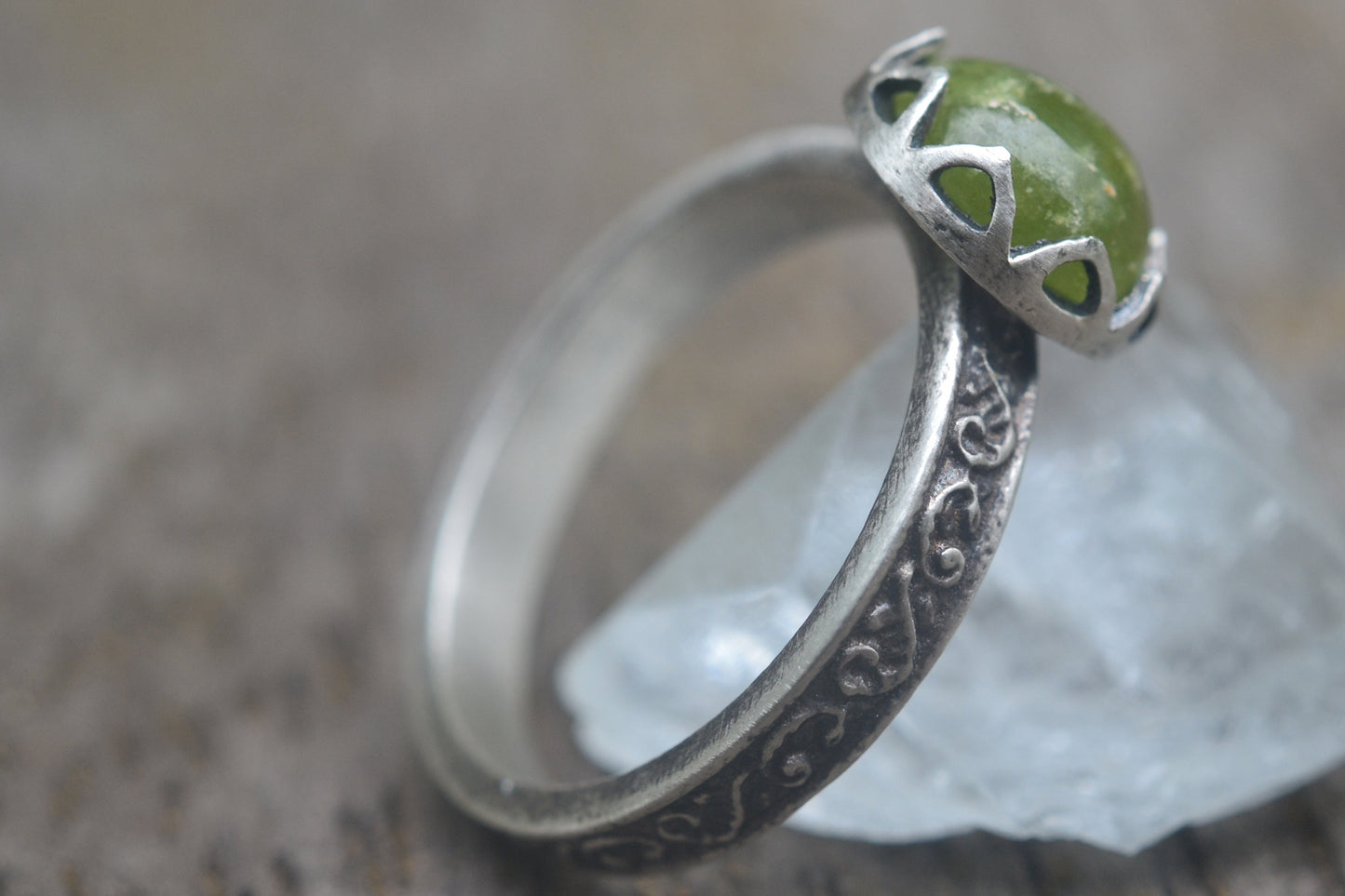 Vesuvianite Cabochon Ring in Oxidised Silver