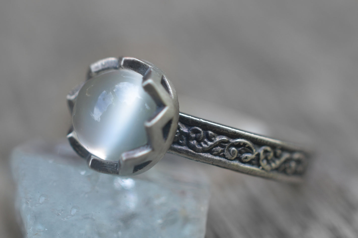 Cats Eye Moonstone Engagement Ring in Silver