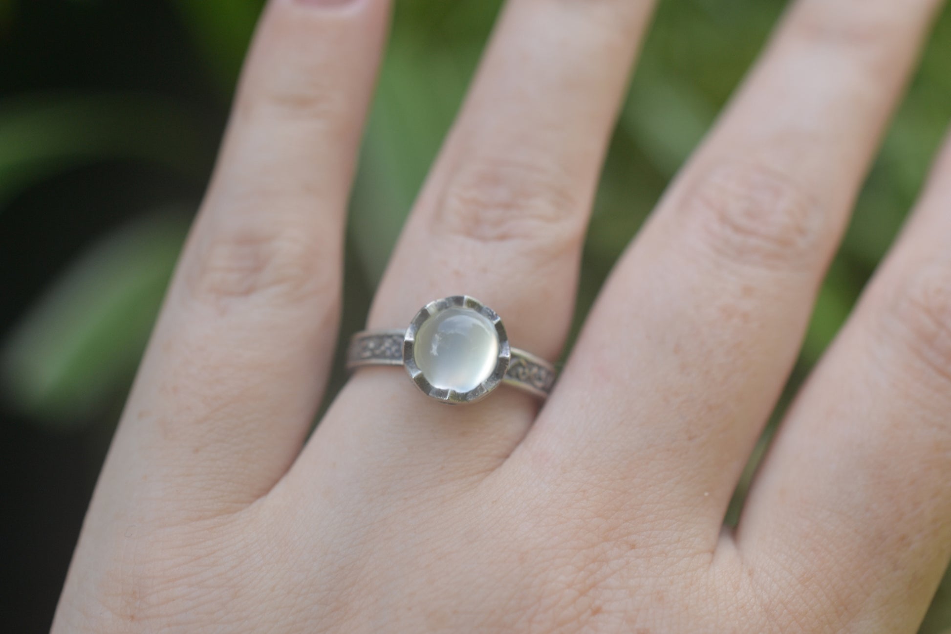 White Moonstone Cabochon Ring in Gothic Silver