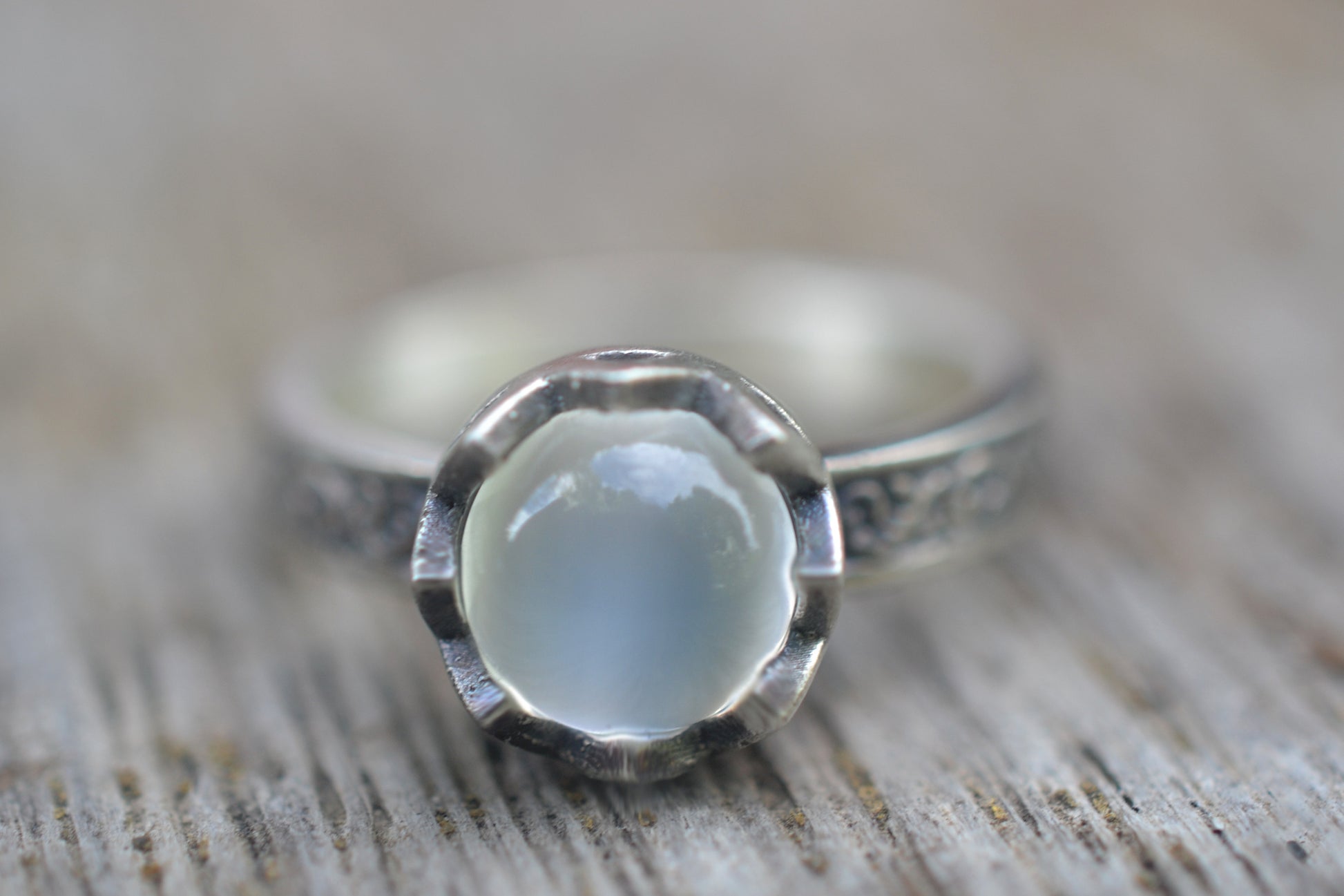 White Moonstone Ring with Fern Pattern