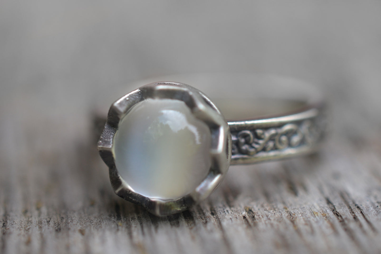 8mm White Moonstone Renaissance Style Ring