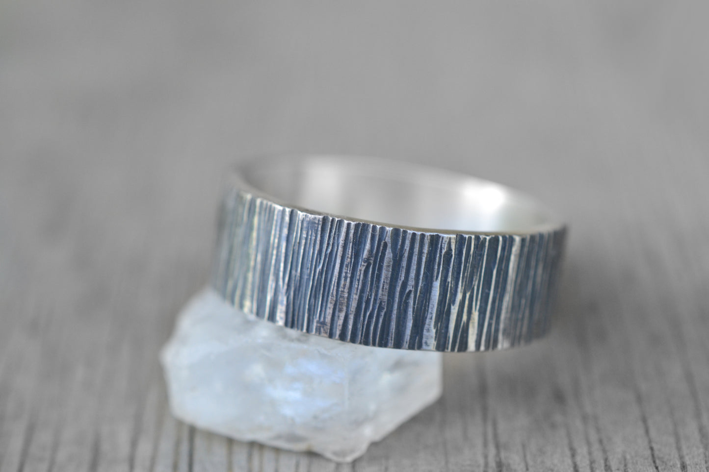 8mm Wide Oxidised Silver Birch Bark Band