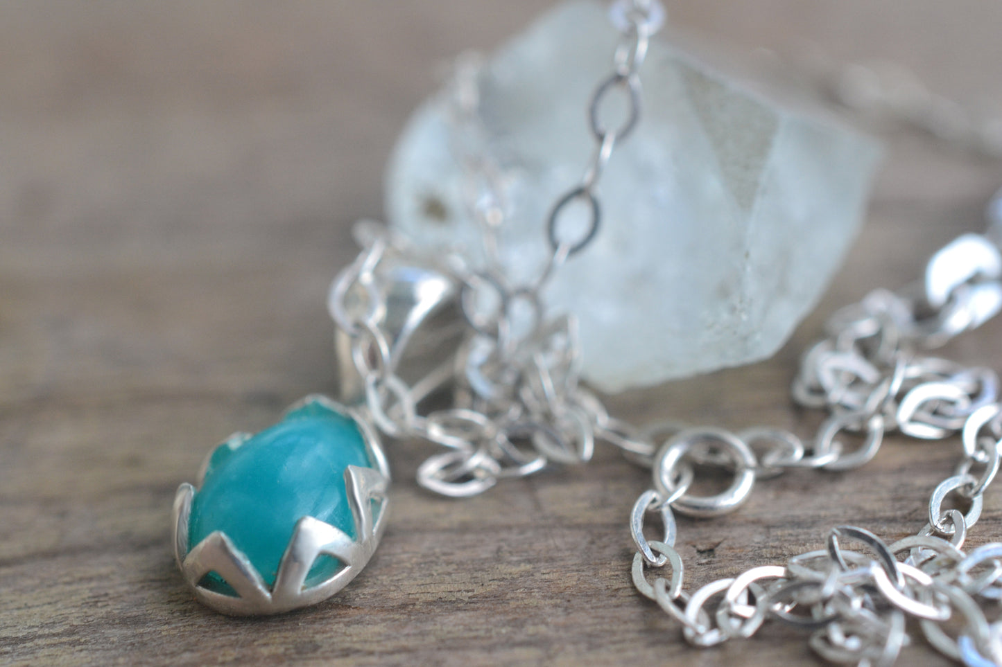 Bezel Set Amazonite Crystal Necklace With Silver Chain