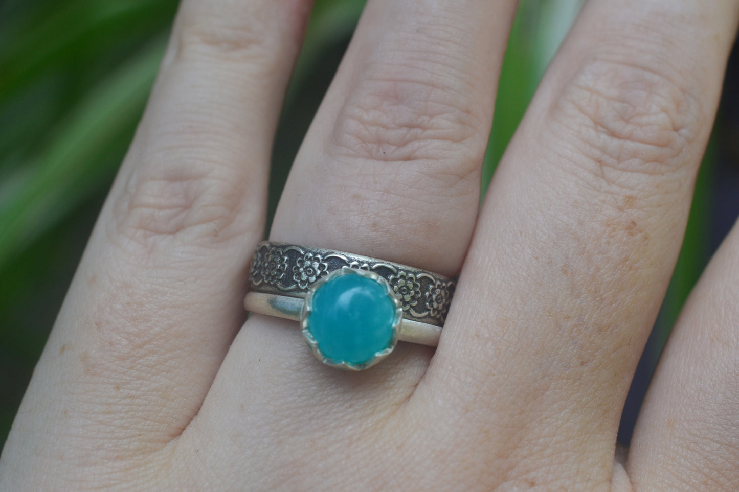 Floral Stacking Ring Set in Silver With Amazonite