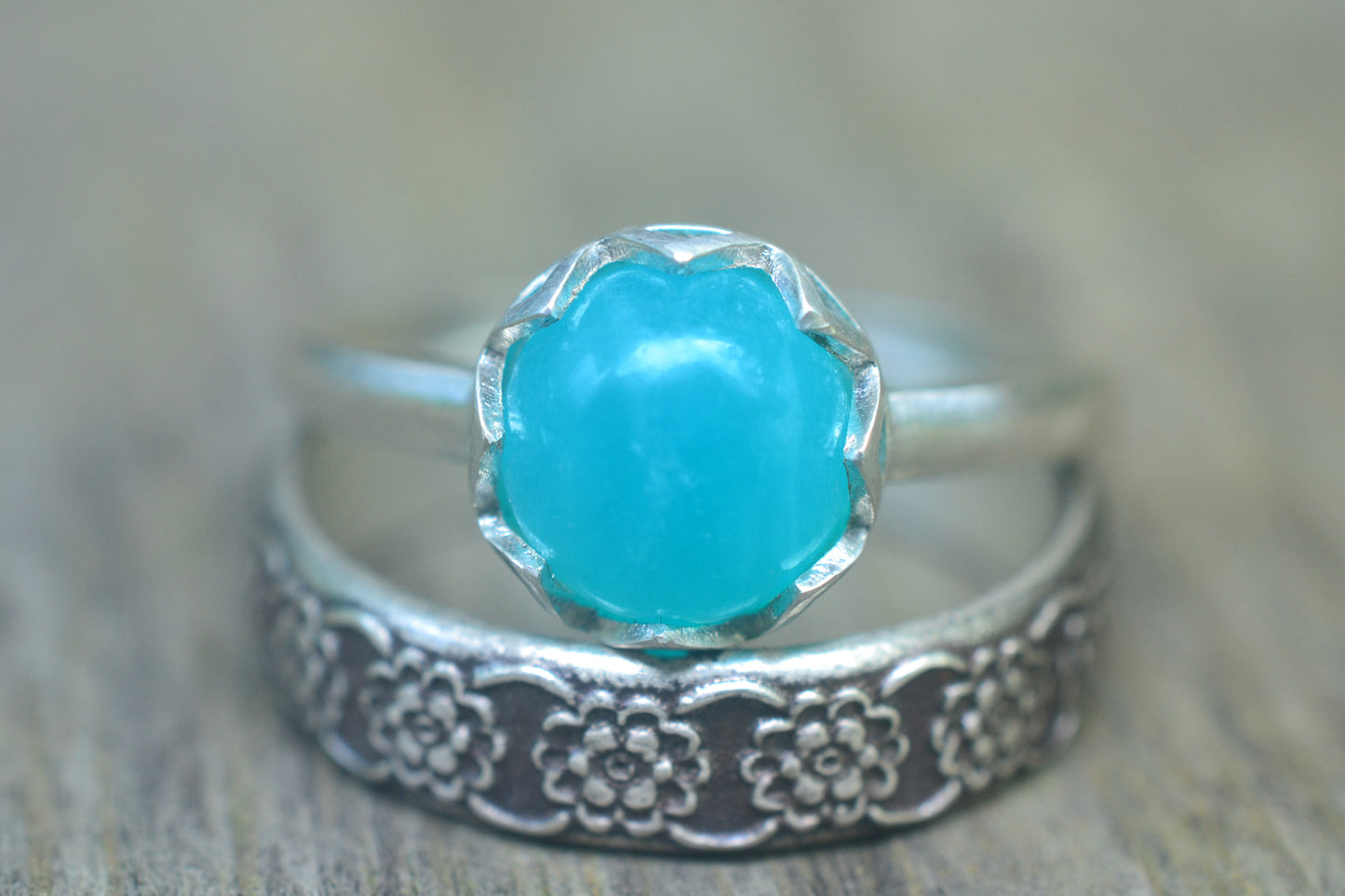 Aqua Gemstone Stack Ring Set in Oxidised Silver