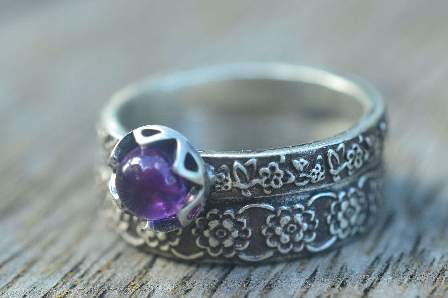 Amethyst Rose & Leaf Bridal Ring Set