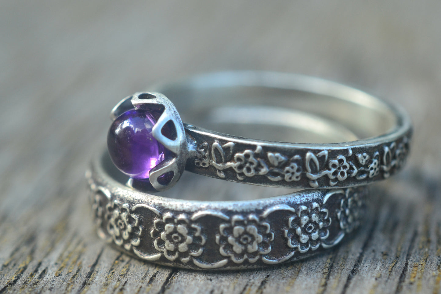 Rose Leaf Engagement Ring Set With Amethyst