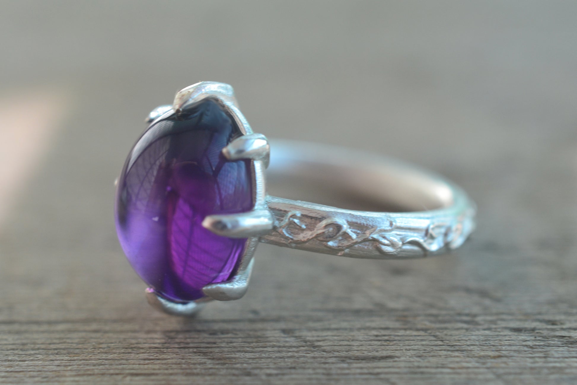 Amethyst Cocktail Ring With Vine Leaf Pattern