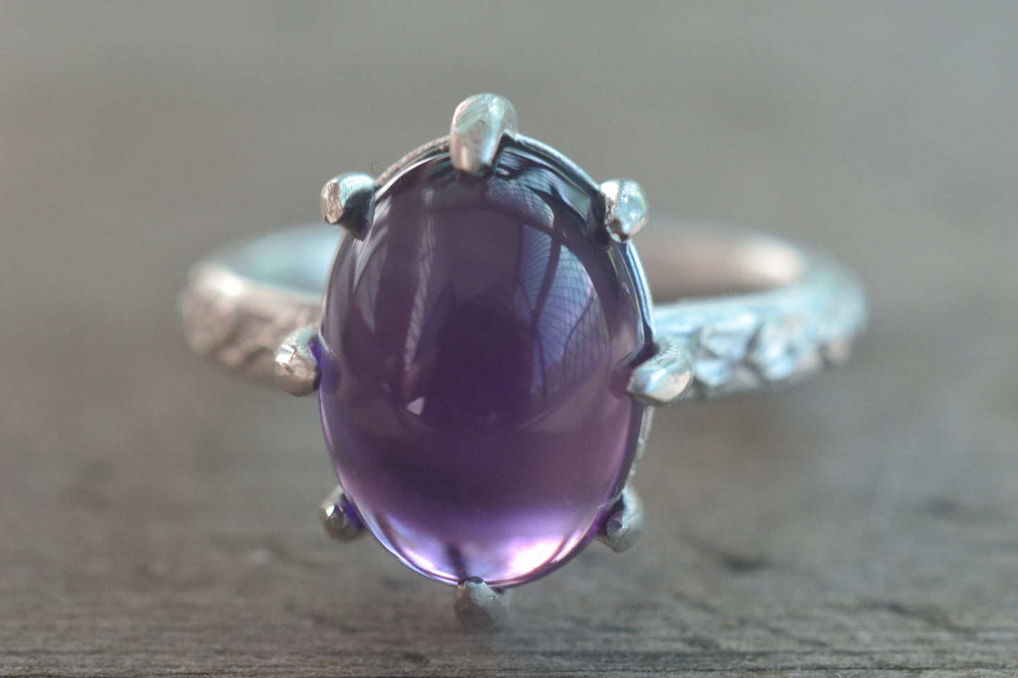 Amethyst Crystal Ring With Silver Leaf Pattern