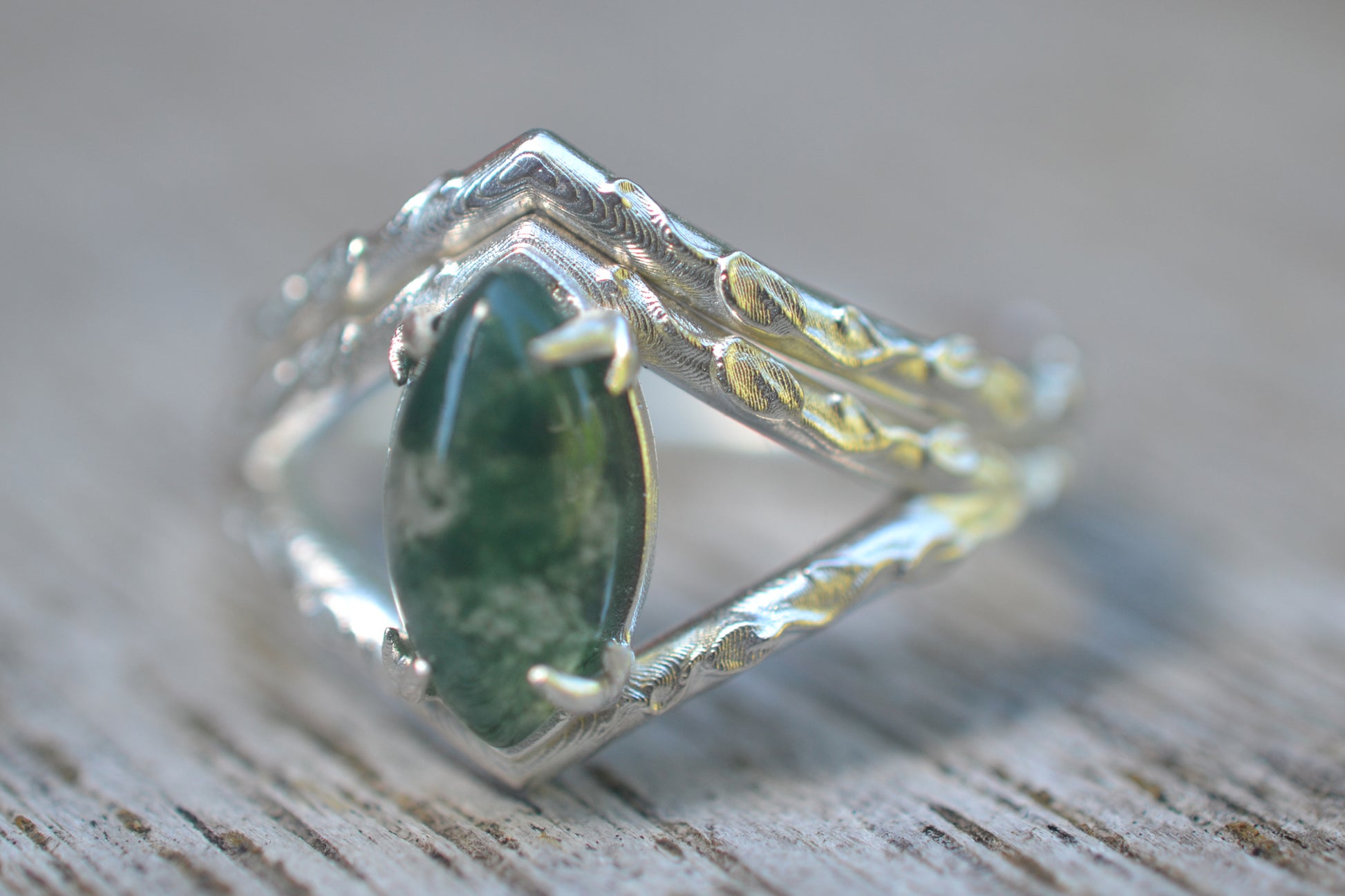 Moss Agate Bridal Set With Silver Leaves
