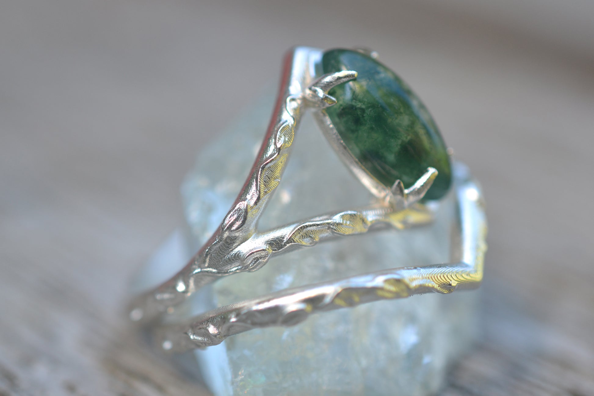 Unique Moss Agate Bridal Ring Set in Silver
