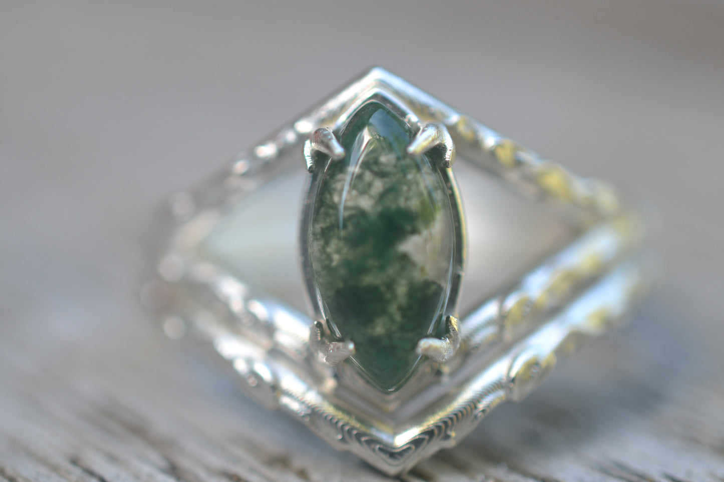 Moss Agate Ring With Nesting Wedding Band