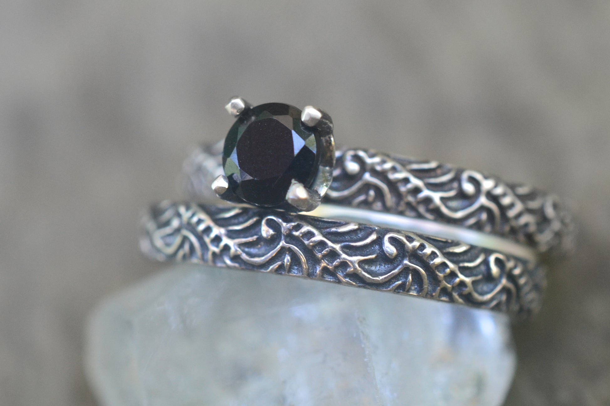 Natural Black Stone Wedding Set in Silver
