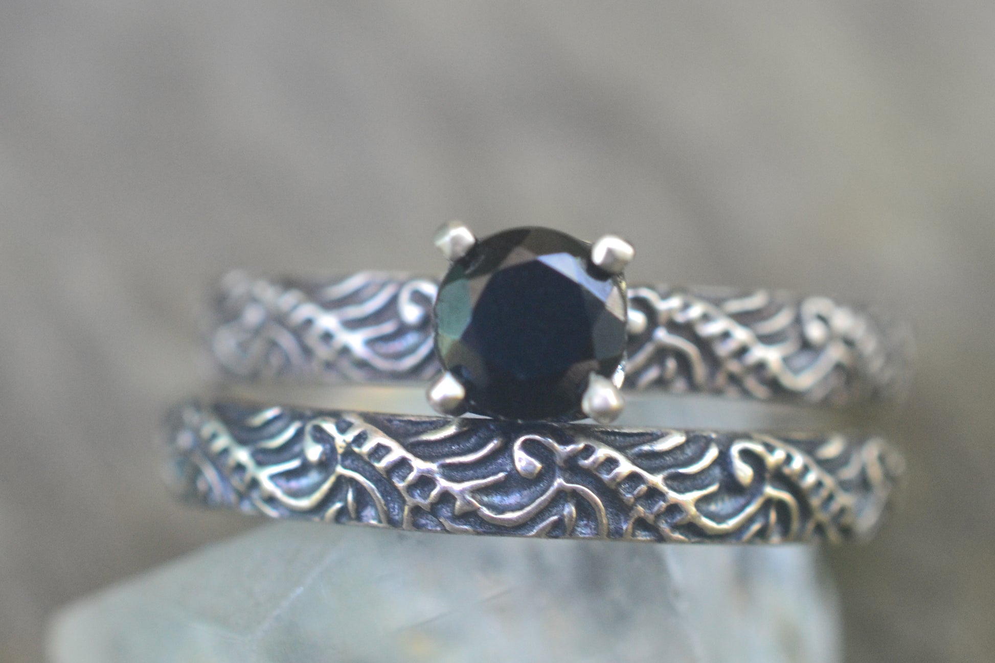 Baroque Style Black Spinel Bridal Set in Silver