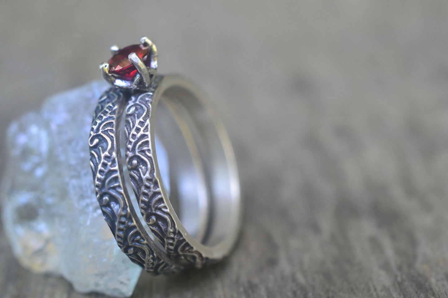Red Peony Topaz Bridal Set in Oxidised Sterling