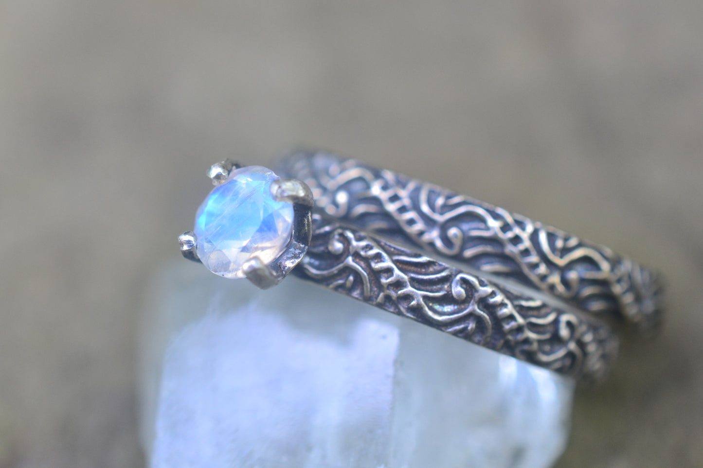 Rainbow Moonstone Ring With Matching Wedding Band