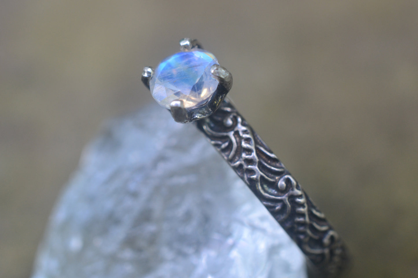 Rainbow Moonstone Solitaire Ring in Gothic Silver