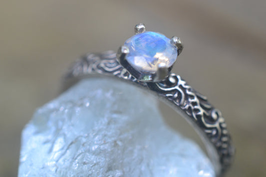 Rainbow Moonstone Ring in Oxidised Silver
