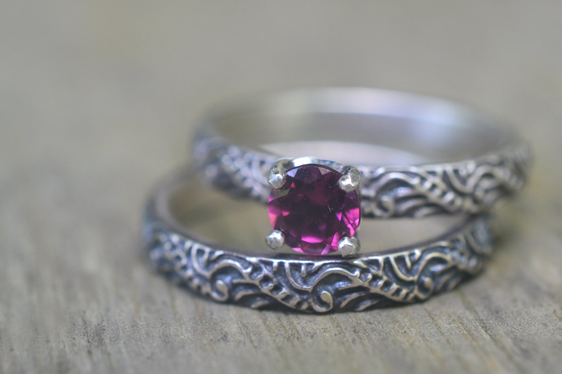 Purple Garnet Wedding Set in Oxidised Silver