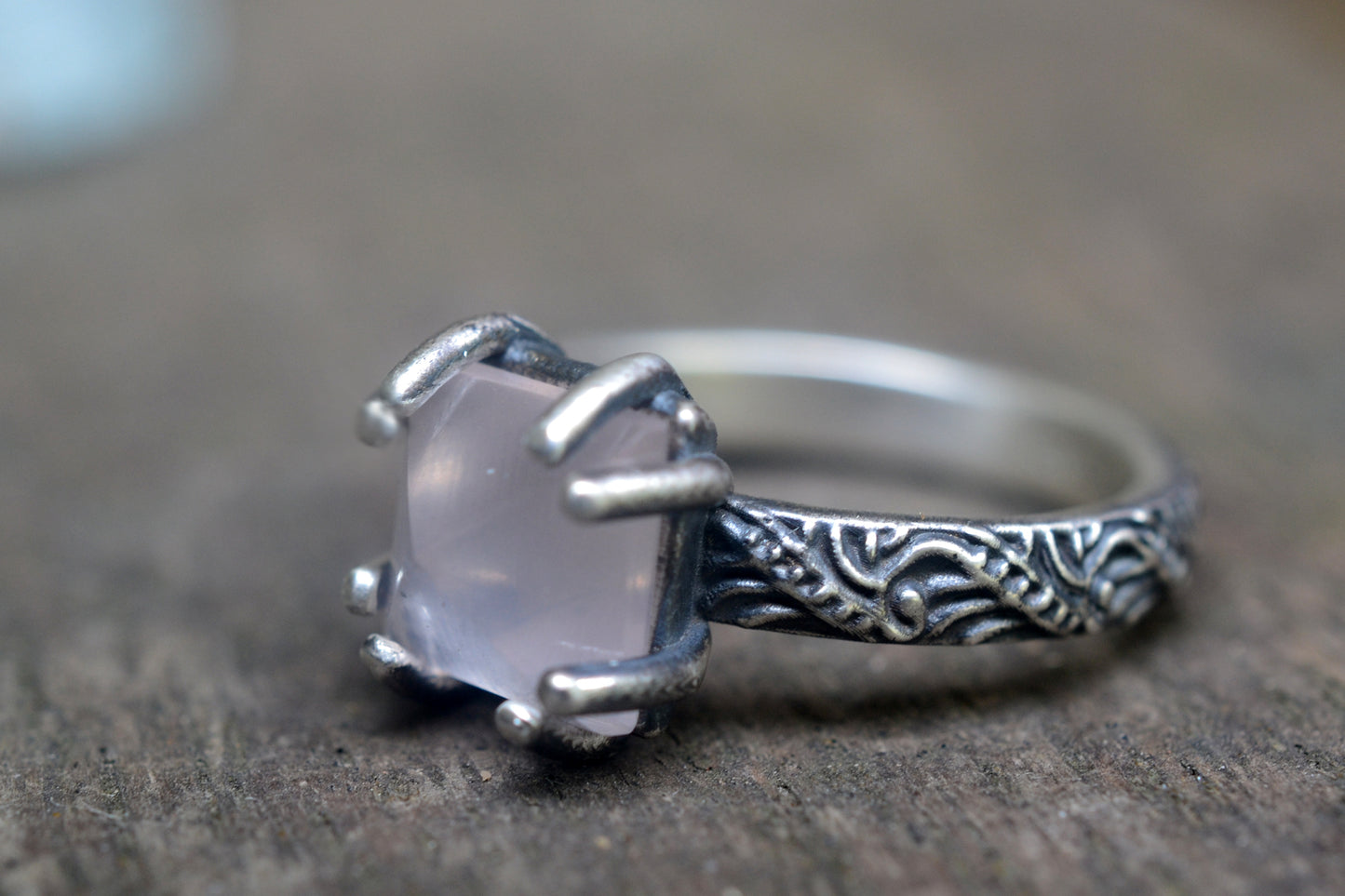 Rose Quartz Pyramid Ring in Oxidised Silver