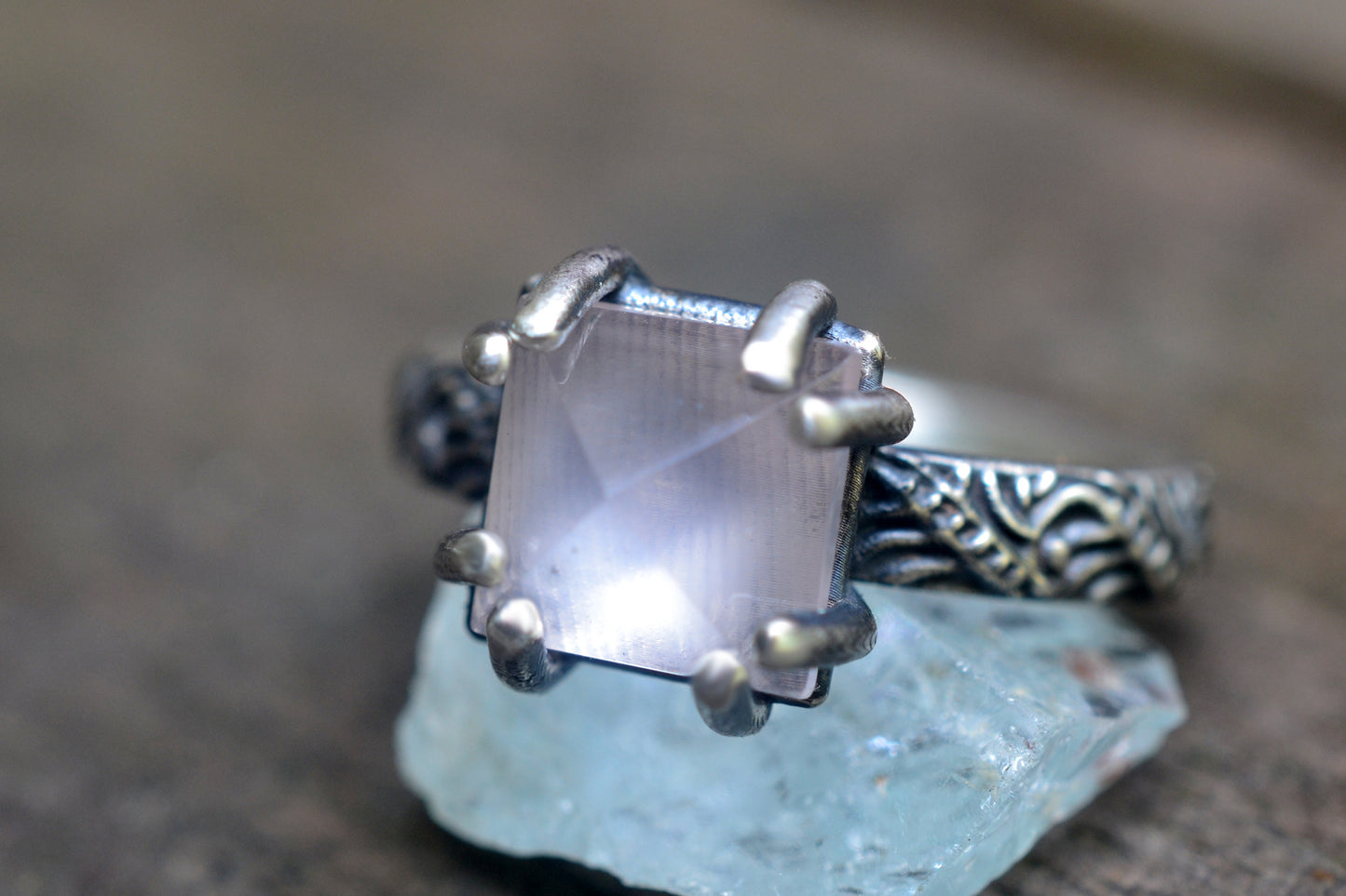 Gothic Rose Quartz Pyramid Ring in Antiqued Silver