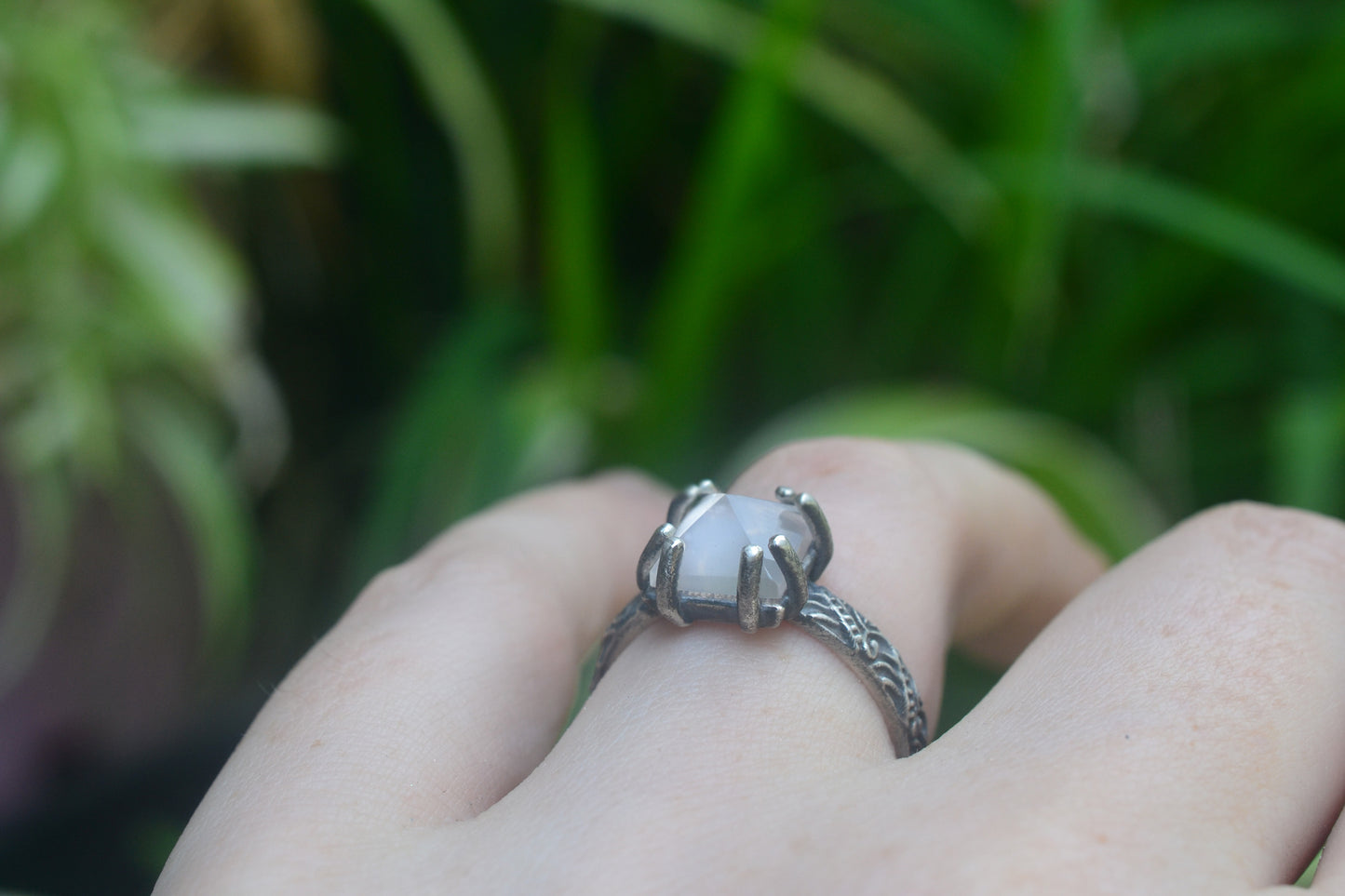 Pink Crystal Pyramid Ring With Oxidised Finish