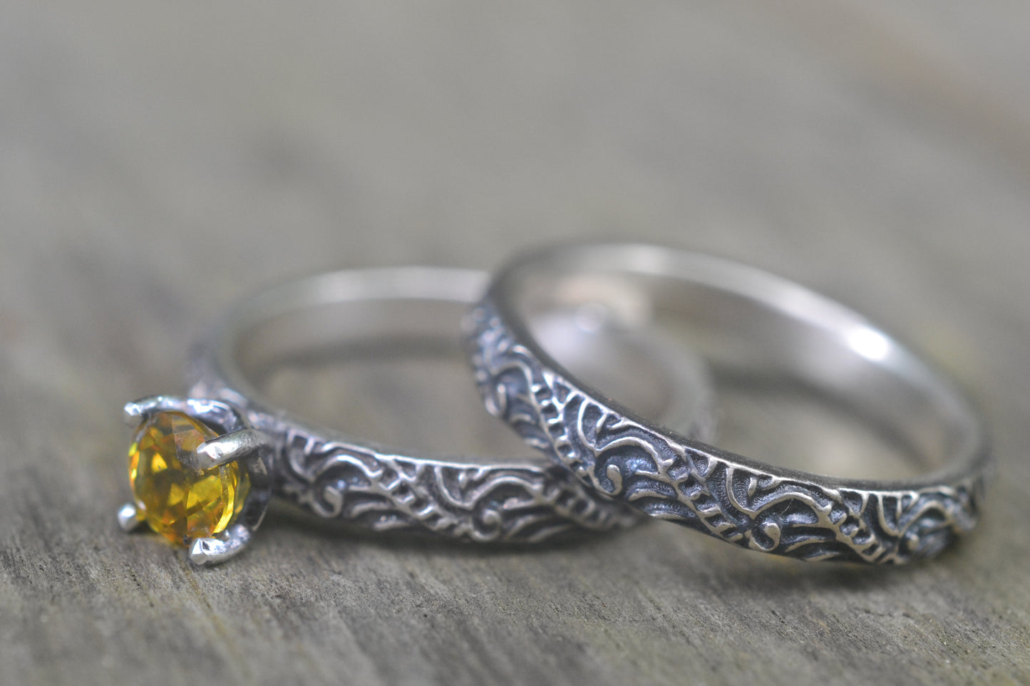 Oxidised Silver Scroll Wedding Set With Sapphire
